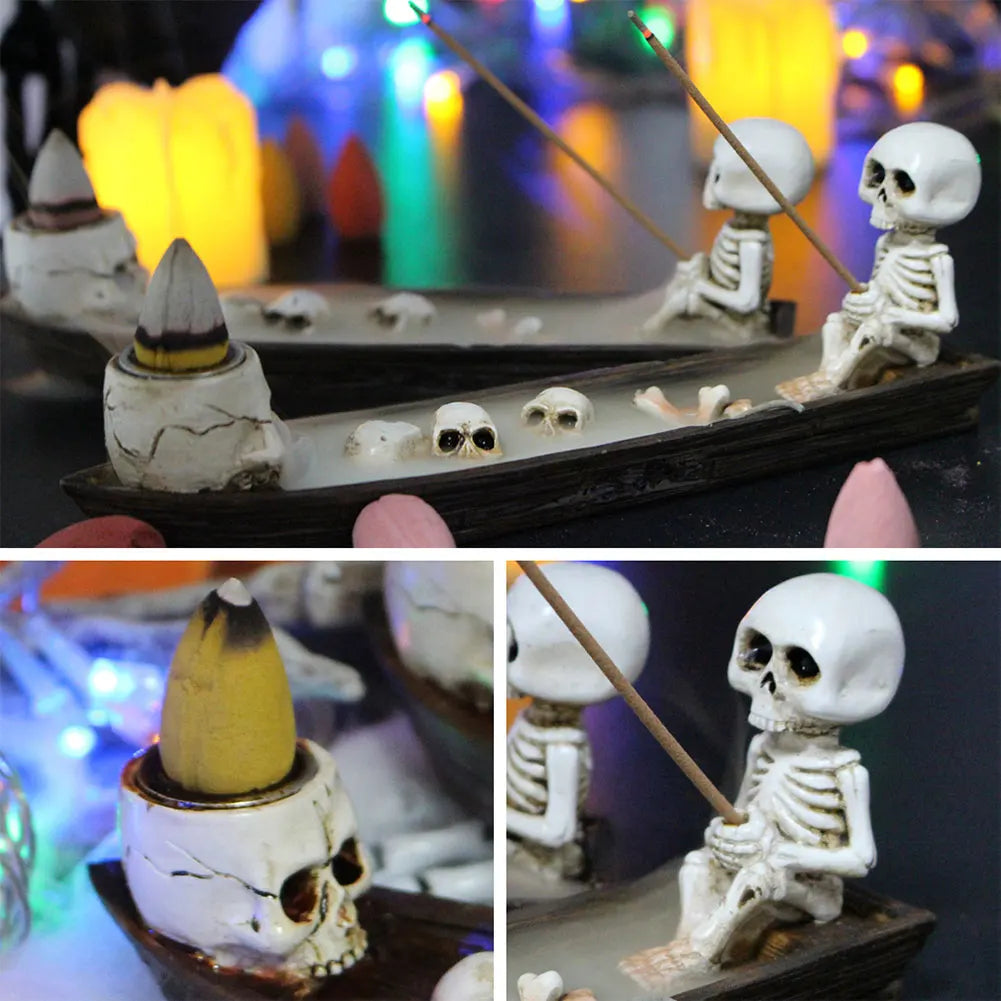Alloet Skull Boat Incense Holder Gothic Resin Skeleton Statue