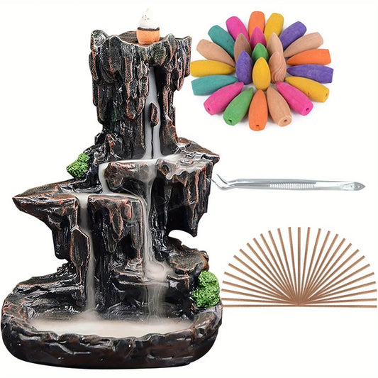 Waterfall Monk Incense Burner Mountain Tower Resin Ornament