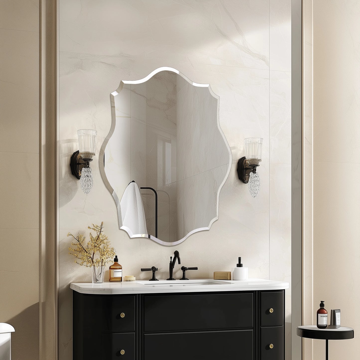 Wisfor Scalloped Frameless Wall Mirror With Beveled Edge Polished Finish For Bathroom Living Room Vanity Bedroom-A