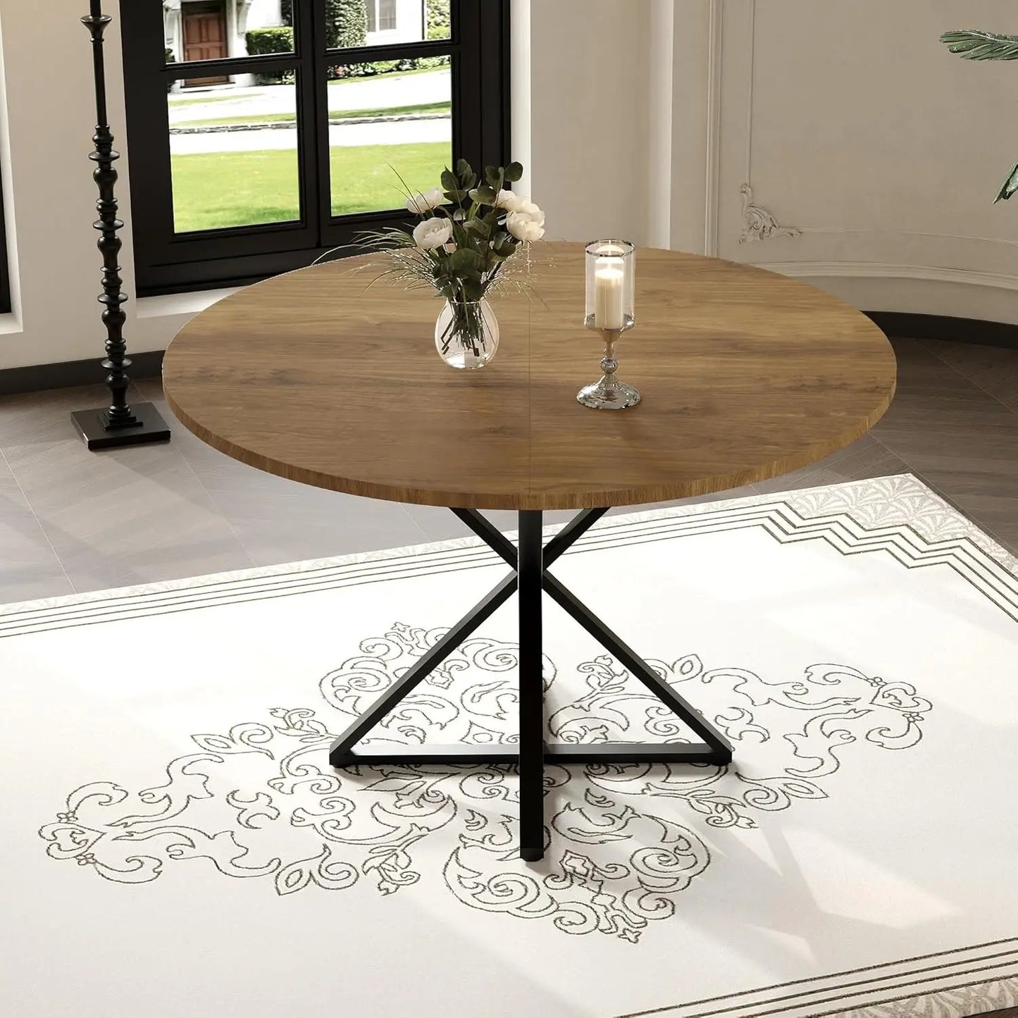 Twister CK Round Dining Table For Four With Wood Top And Metal Pedestal For Family Dinners And Games-A