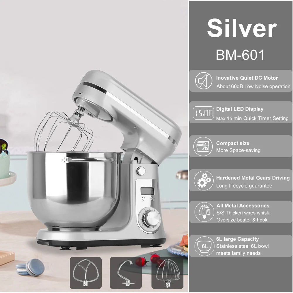 Biolomix Professional 6L Stand Mixer 1200W Copper DC Motor With 6 Speeds And Pulse-A