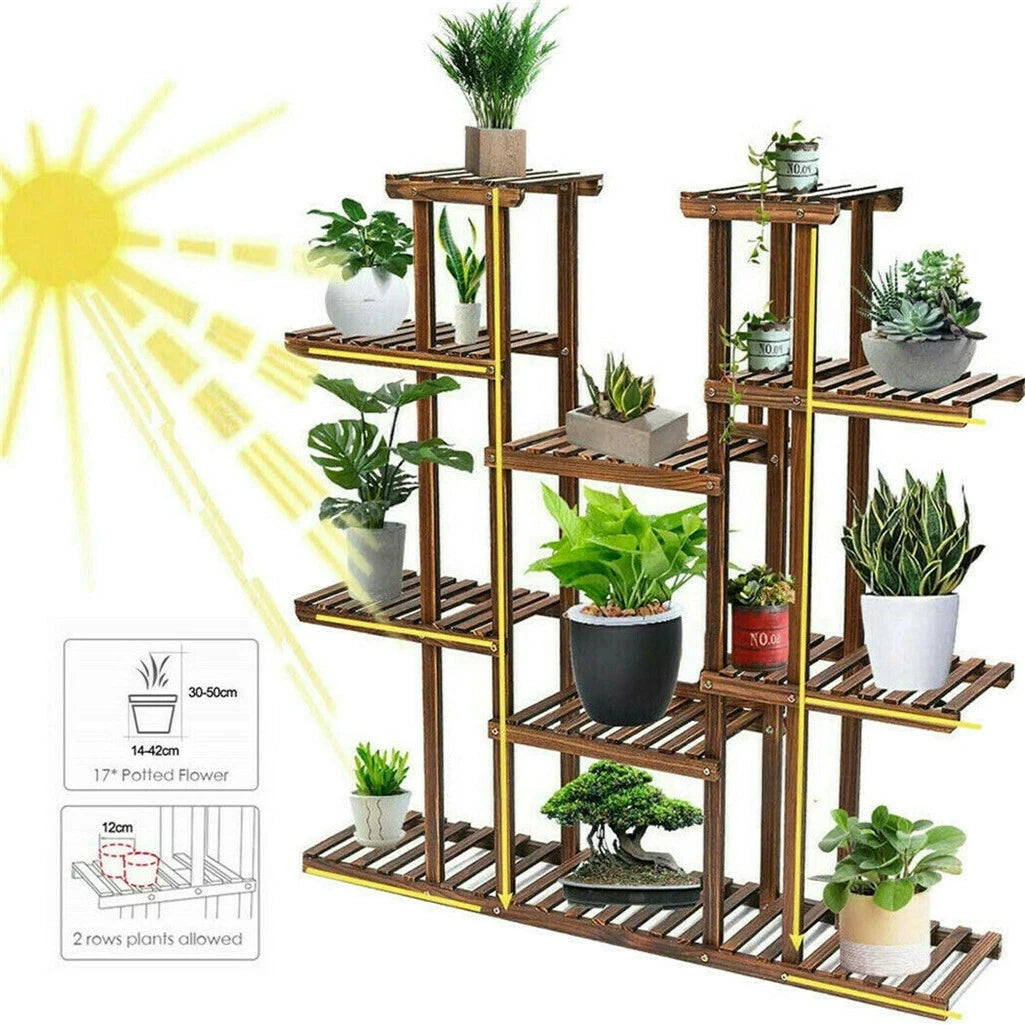 UNHO 46 Inch Multi Tier Plant Stand Wood Flower Rack 16 Pot Display Shelves Indoor Outdoor Patio Garden-A