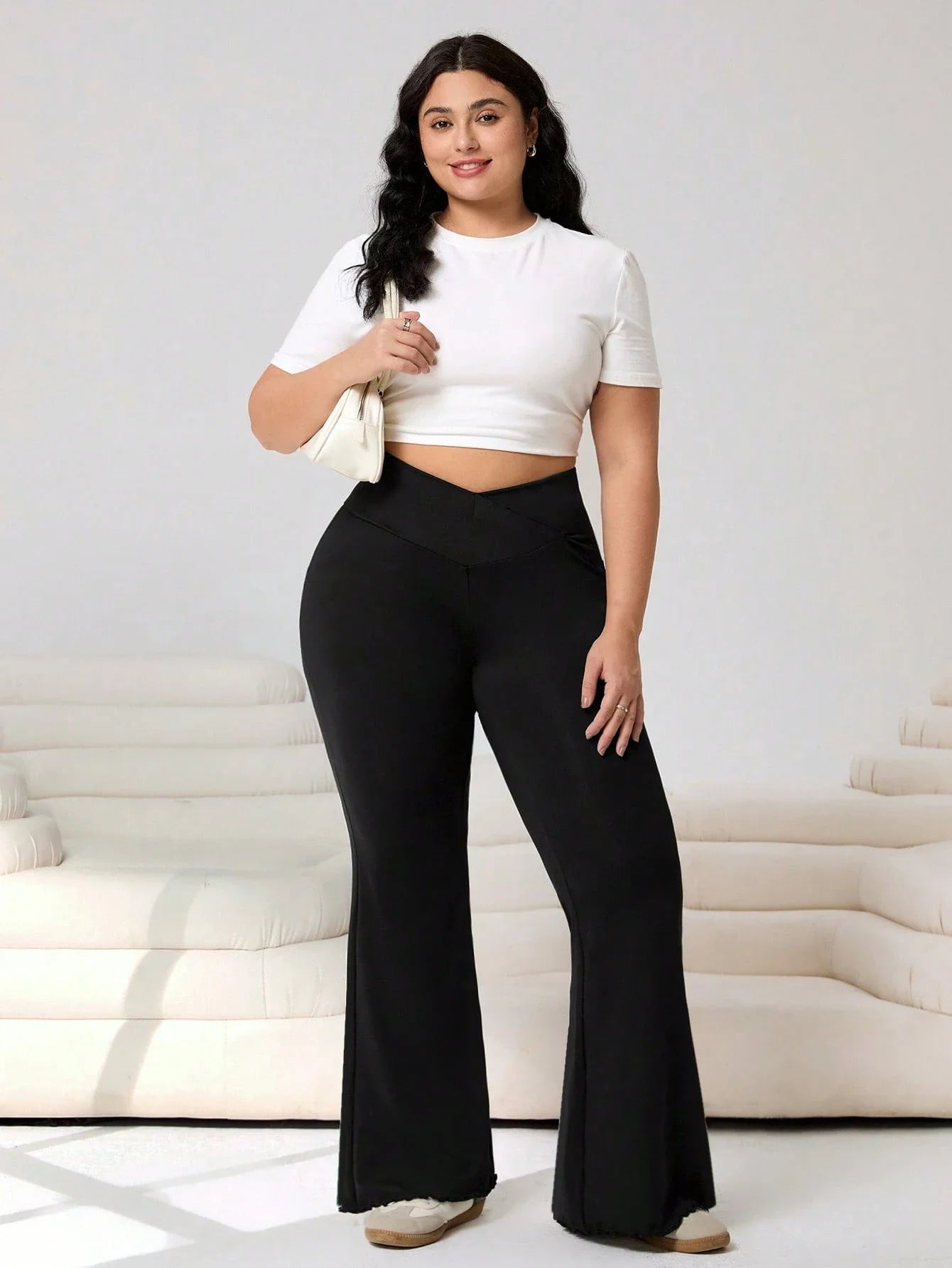 Casual High Waist Wide Leg Flare Pants For Women Elastic Waist