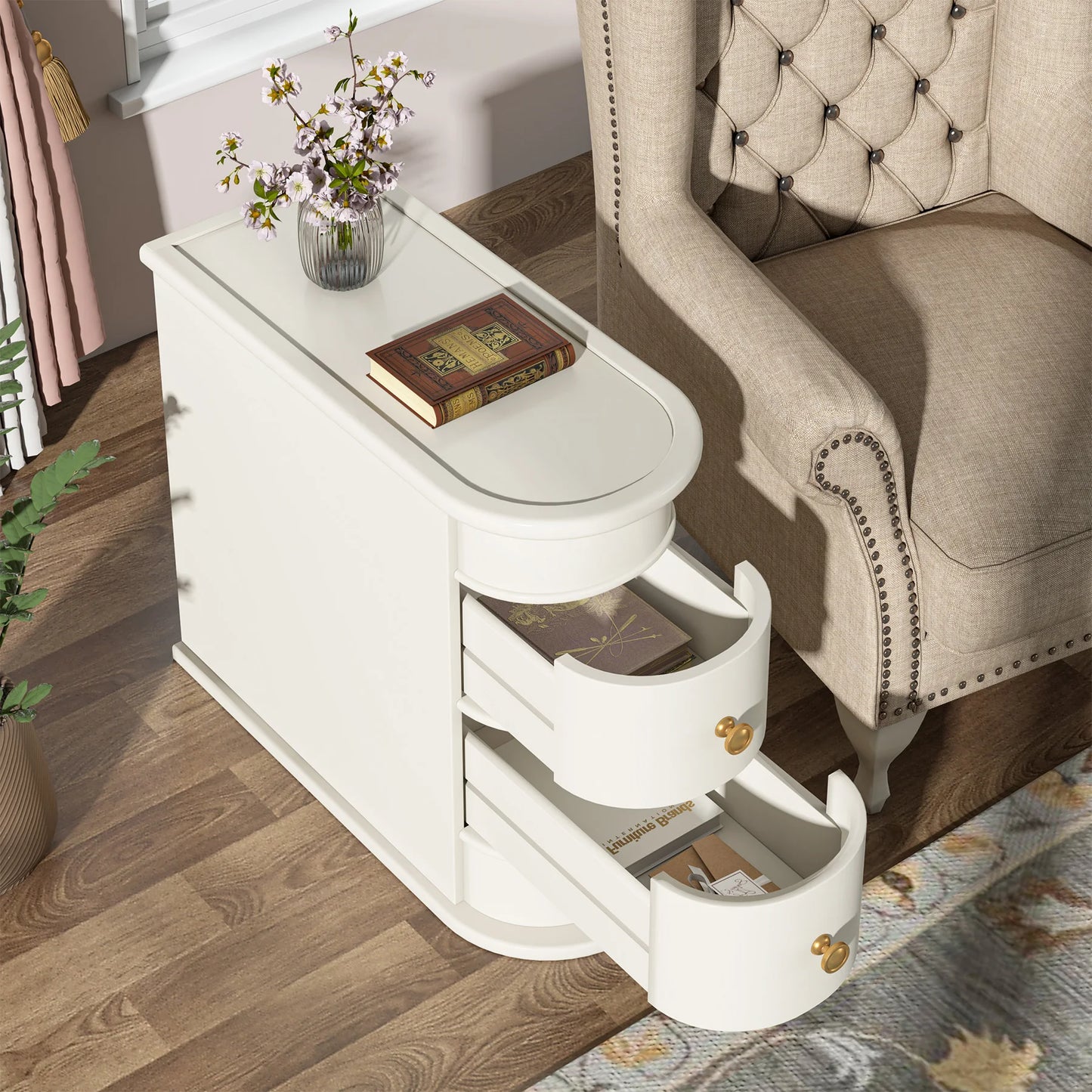 Tribesigns Round Solid Wood End Table With Two Sliding Drawers No Assembly Required Nightstand-A