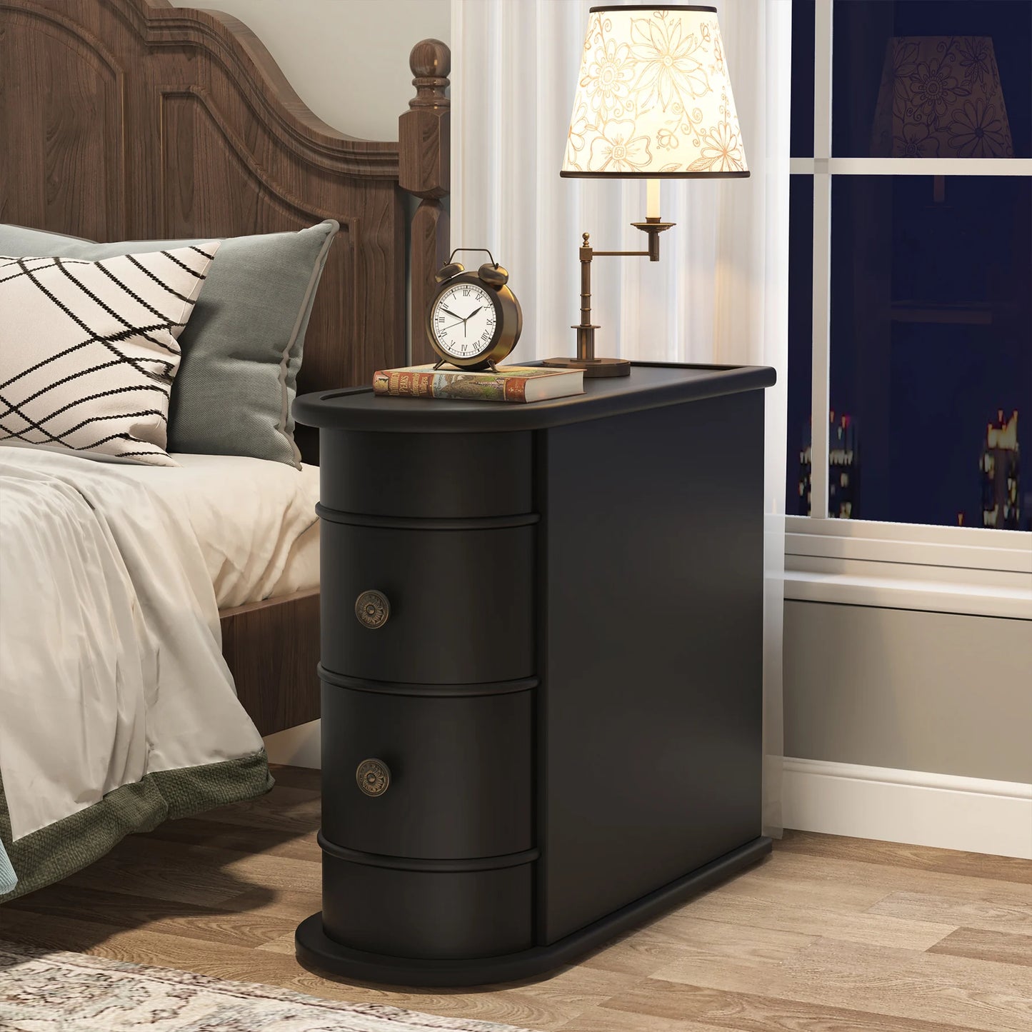 Tribesigns Round Solid Wood End Table With Two Sliding Drawers No Assembly Required Nightstand-A