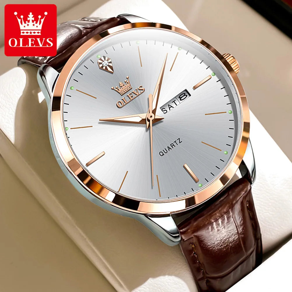 OLEVS Men Quartz Watch With Dual Calendar Auto Date Leather Strap Water Resistant Luminous Hands-A