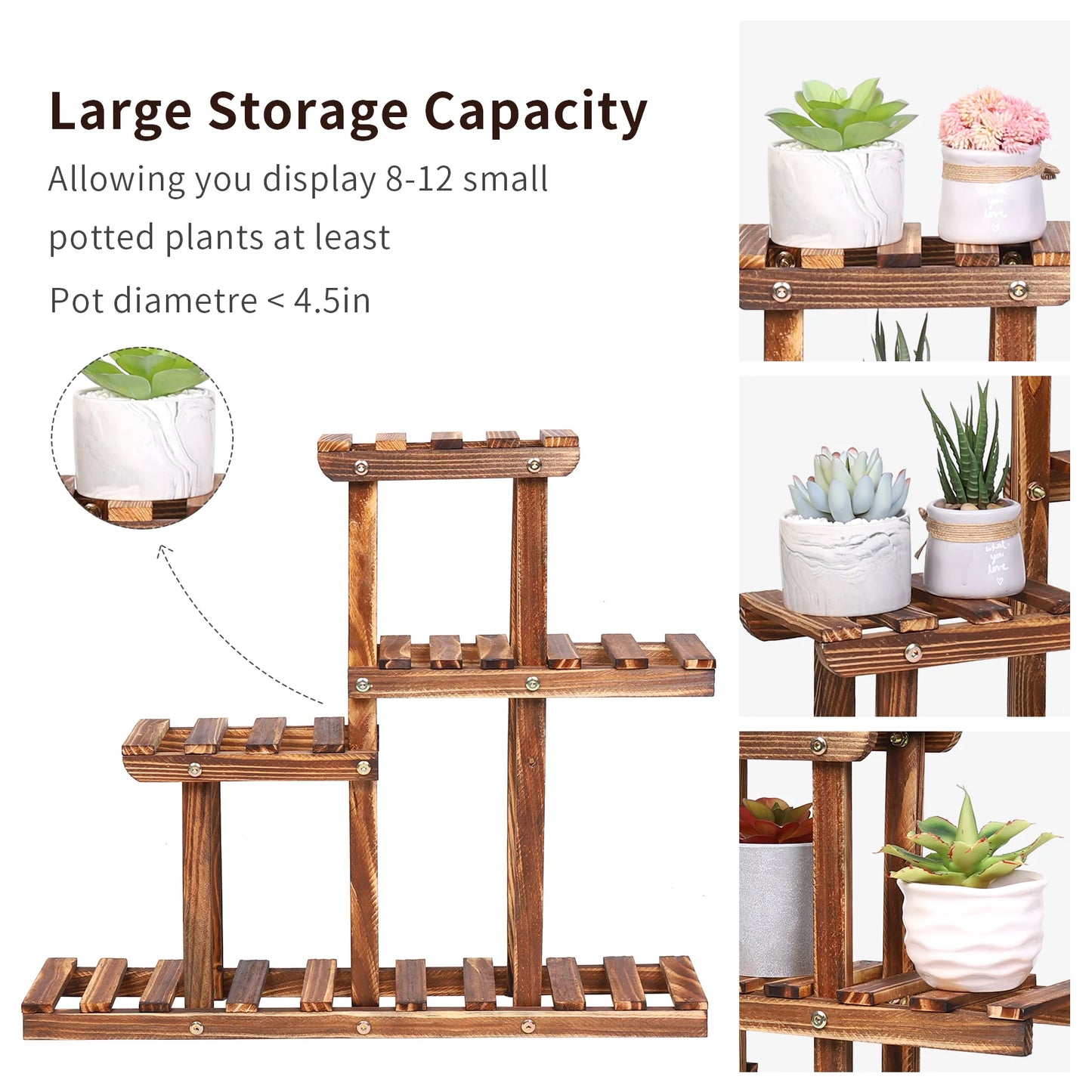 Carbonized Wood Plant Stand Four Tier Succulent Rack Mini Desktop Plant Holder for Outdoor Balcony Garden-A