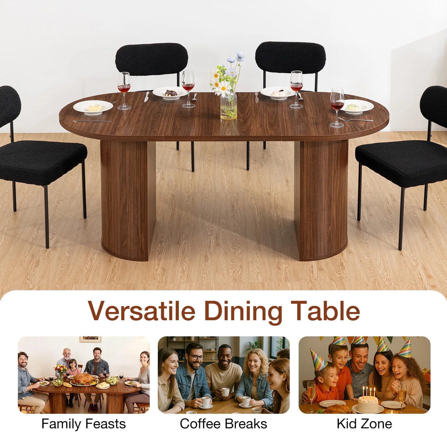 Walnut Finish Solid Wood Oval Dining Table With Semi Cylindrical Legs For Countryside Charm And Elegant Dining Room-A