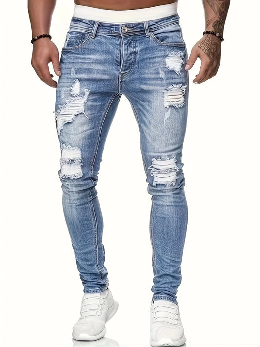 Mens Slim Fit Ripped Straight Leg Jeans With Stretch Denim