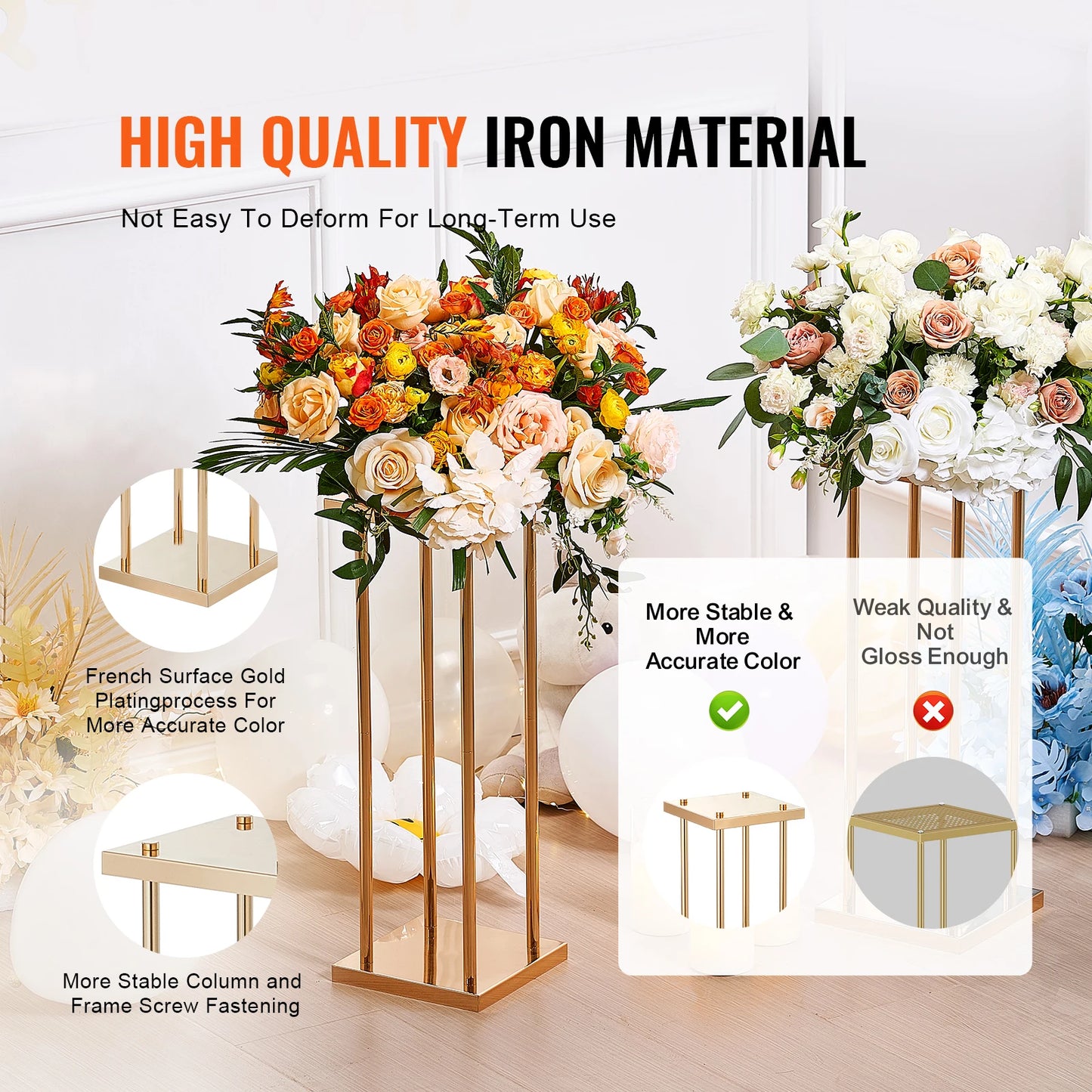 SucceBuy Metal Column Wedding Flower Stand Centerpiece With Durable Iron Frame And French Gold Finish-A