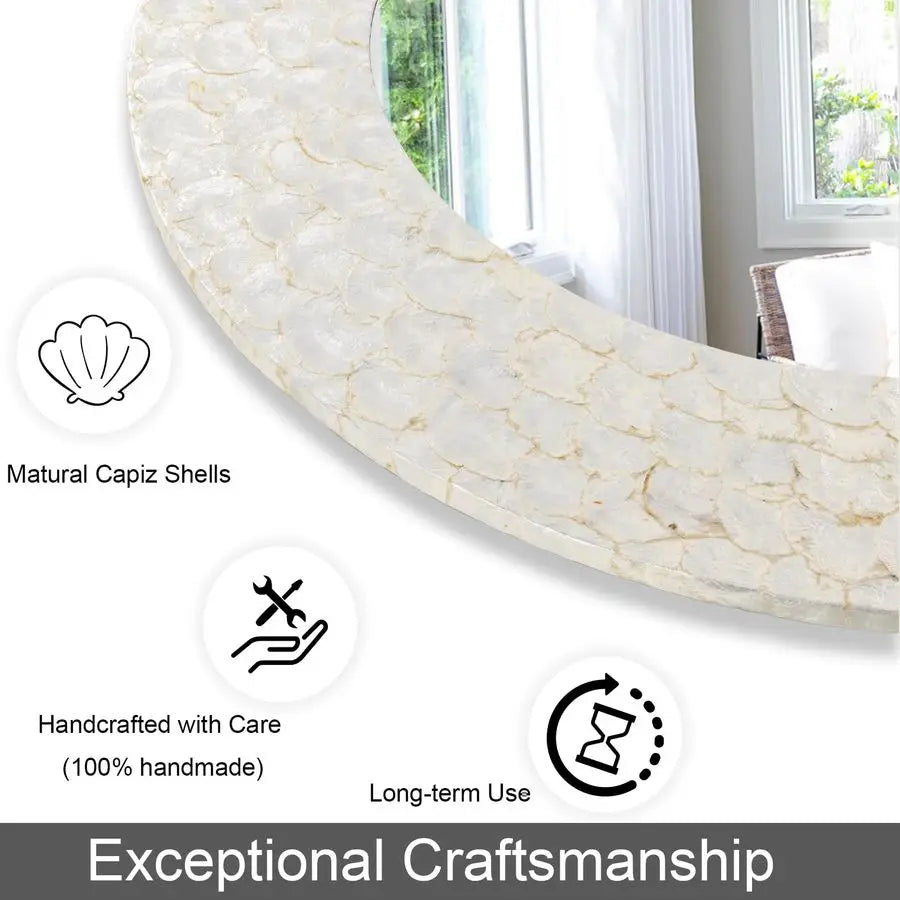 XMSJ Capiz Shell Coastal Mirror With Natural Seashell Circle Frame Handcrafted Unique Wall Mirror-A