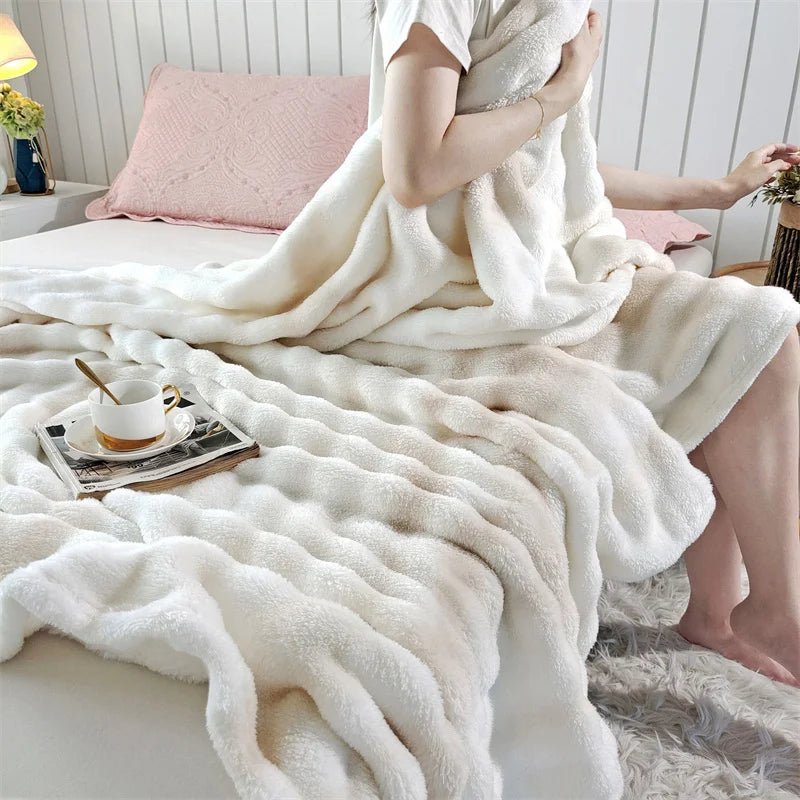 KDV Gradient Bubble Fleece Throw Blanket Plush Faux Rabbit Fur Knit Coral Fleece Texture-A