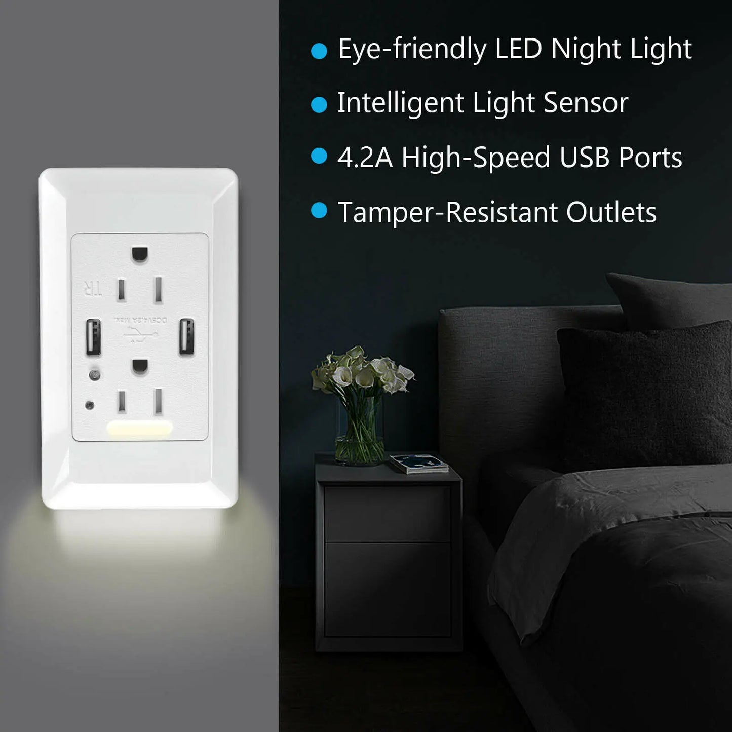 USB Wall Outlet With Night Light And Dual USB Ports 15 Amp Receptacle Model A For Home And Office-A