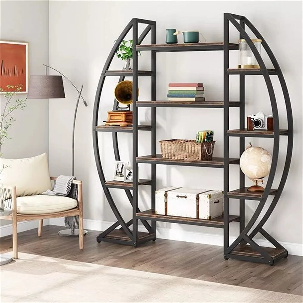 Wisfor Oval Bookshelf Plant Stand 5 Tier Etagere Half Moon Shaped Industrial Display Shelves For Living Room-A