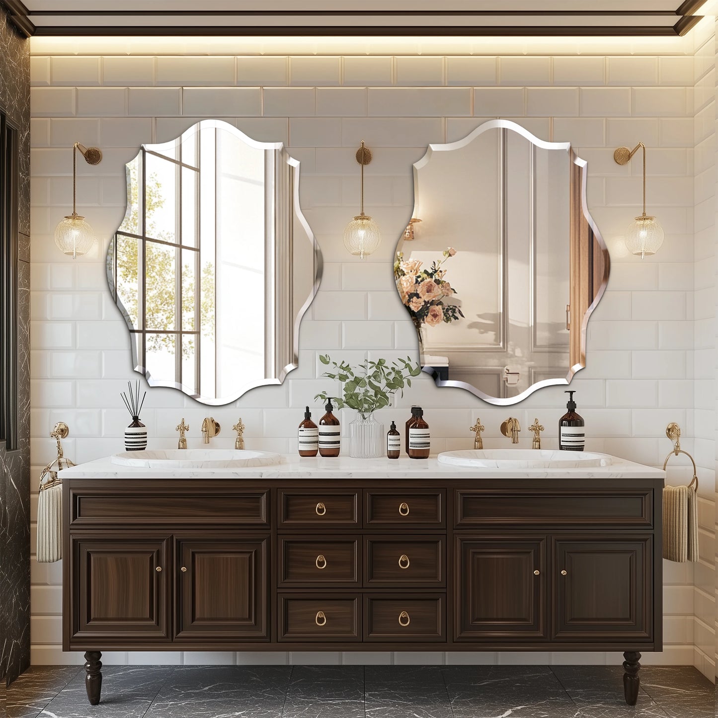Wisfor Scalloped Frameless Wall Mirror With Beveled Edge Polished Finish For Bathroom Living Room Vanity Bedroom-A