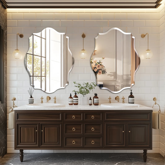 Wisfor Scalloped Frameless Wall Mirror With Beveled Edge Polished Finish For Bathroom Living Room Vanity Bedroom-A