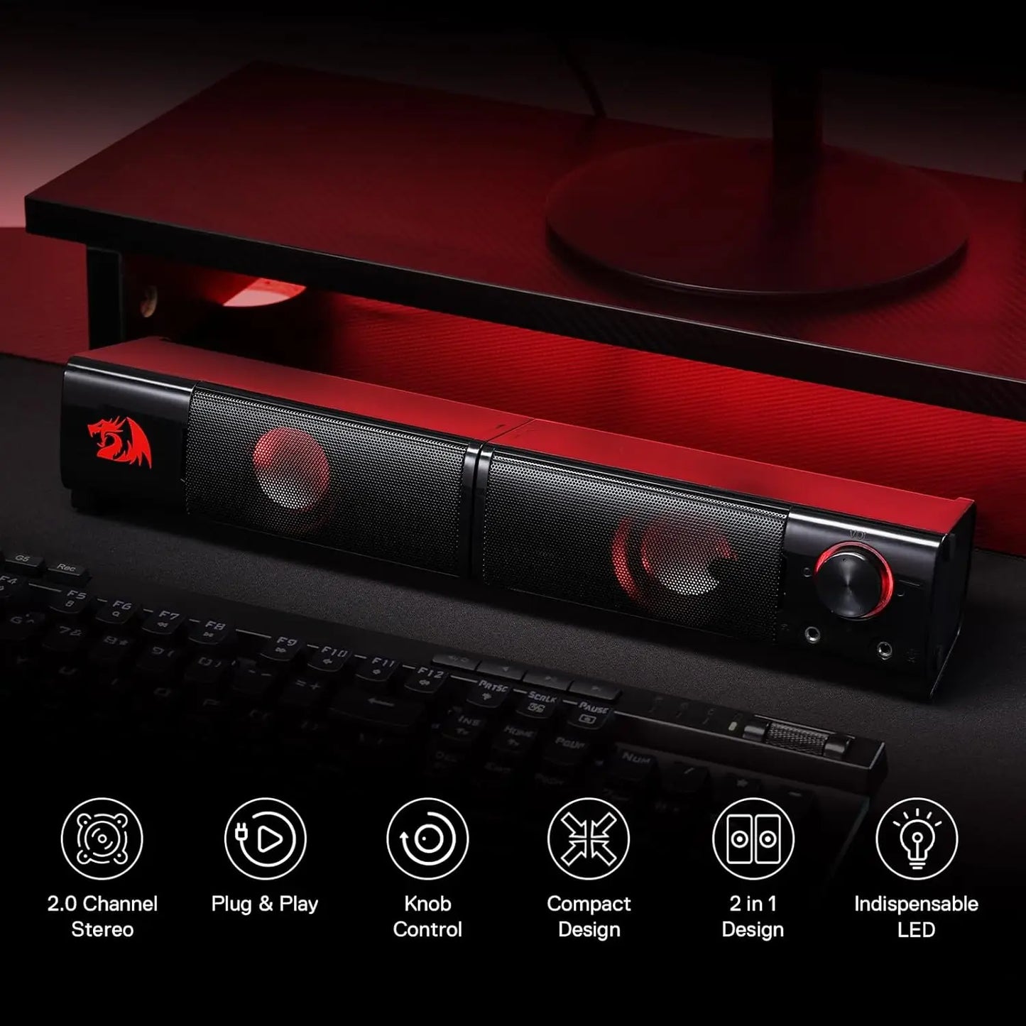 Redragon GS550 2.0 Channel PC Gaming Speakers Sound Bar With 3W Per Speaker For Immersive Gaming Movies And Music-A