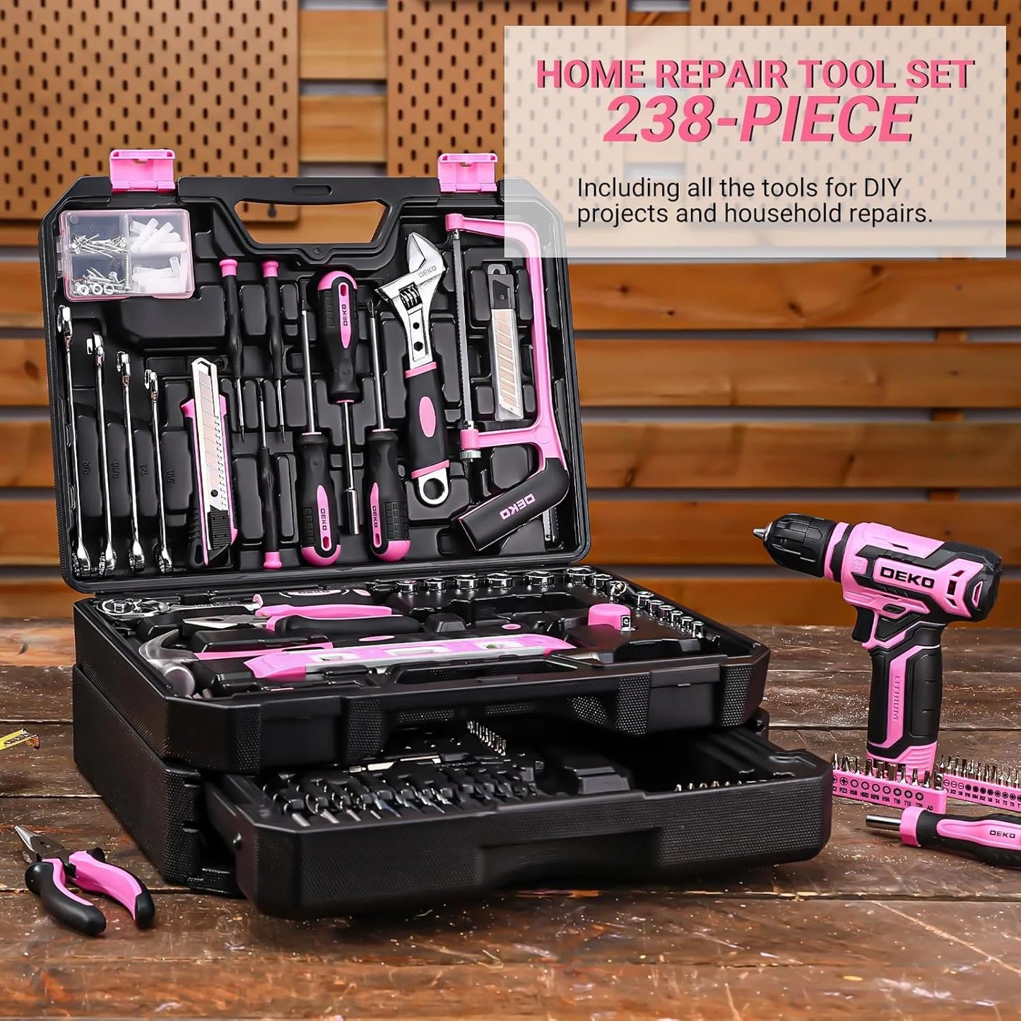 DEKO Home Mechanic Toolbox With 12V Cordless Drill Pink Portable Kit With 1.5Ah Battery-A