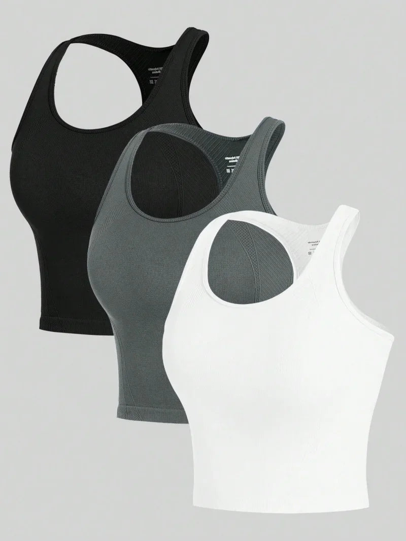 3 Piece Womens Yoga Vest Set Racerback Tank Tops Breathable Seamless Rib Knit Activewear Collection