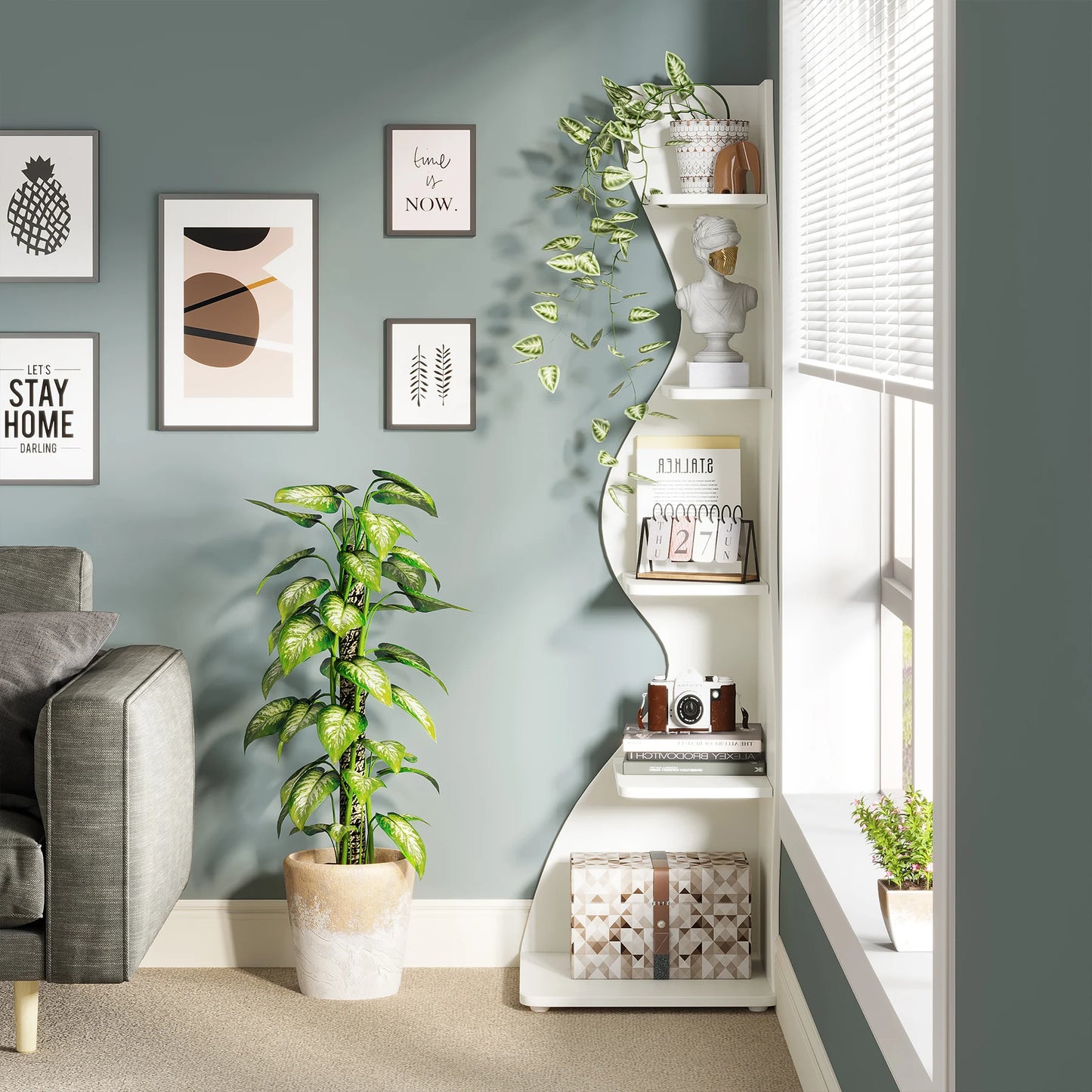 Tribesigns 5 Tier Corner Shelf Wall Organizer Bookcase Plant Stand White Finish Minimalist Modern Space Saver-A