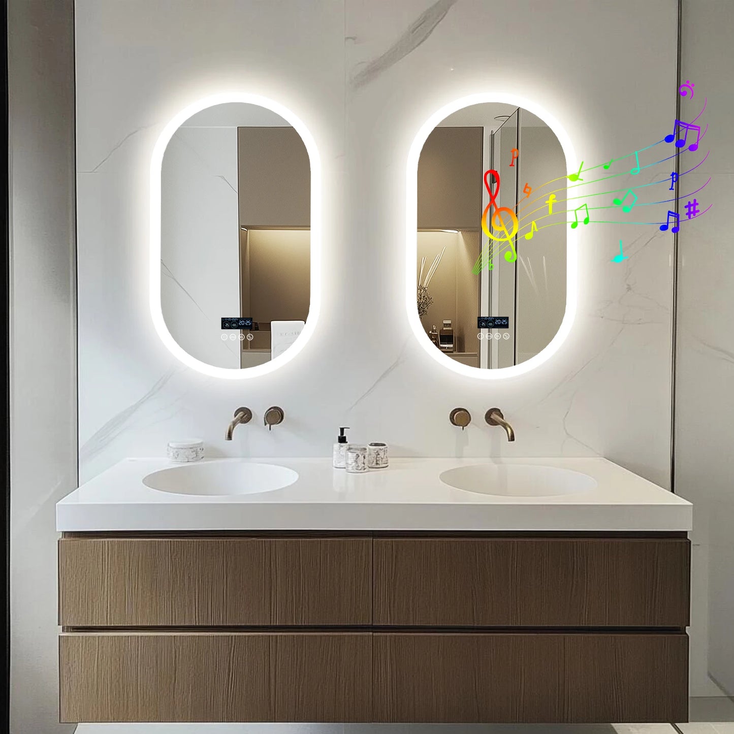 Oval LED Bathroom Mirror With Lights Anti Fog Bluetooth Speaker Dimmable 3 Color Temperature Levels Aluminum Frame-A