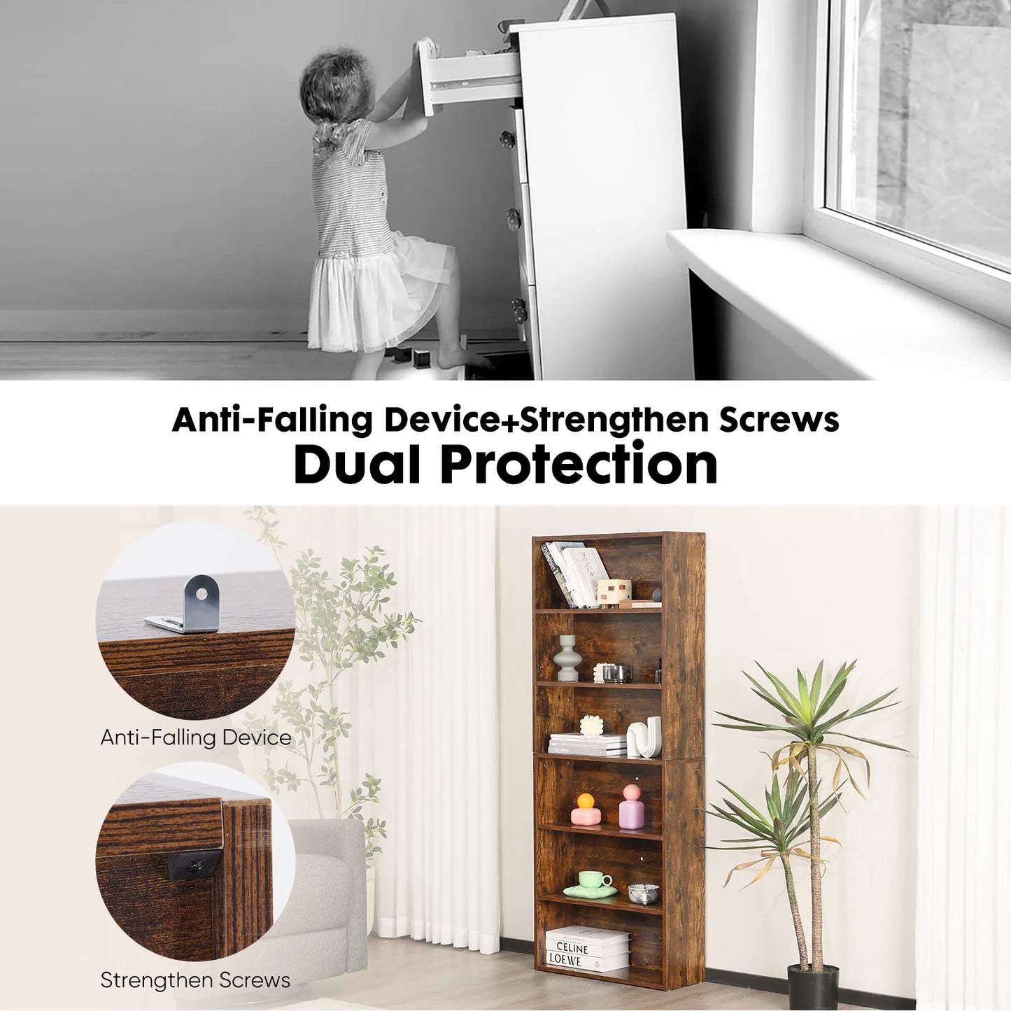 JHK 6 Tier Wooden Bookcase Floor Standing Open Shelves for Living Room and Home Office Storage-A