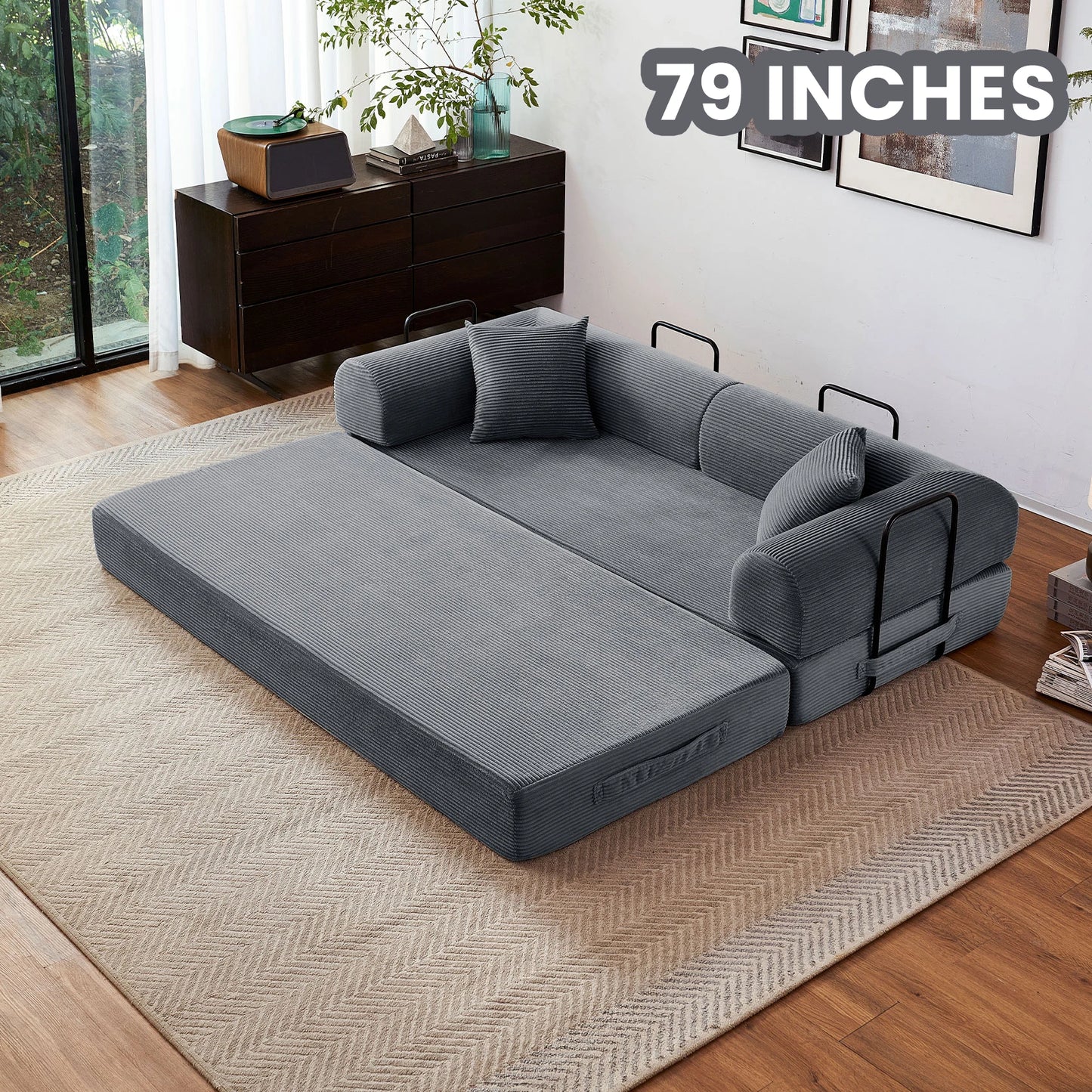Foldable Convertible Futon Sofa Bed With L Shaped Armrests For Small Spaces Corduroy Upholstery High Density Foam-A