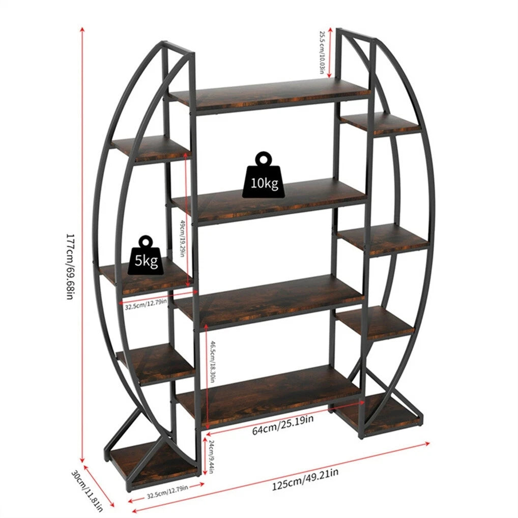 Wisfor Oval Bookshelf Plant Stand 5 Tier Etagere Half Moon Shaped Industrial Display Shelves For Living Room-A