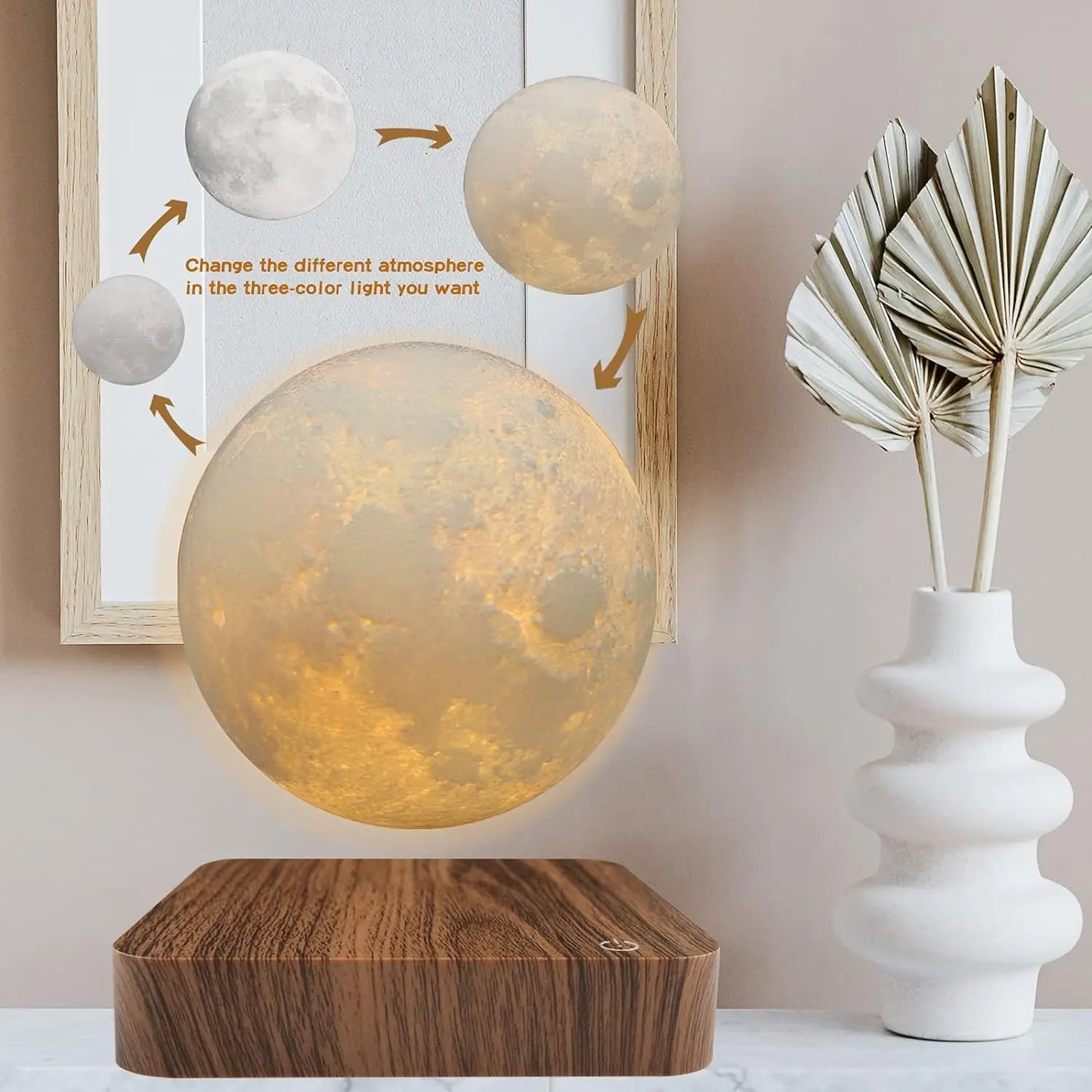 Mexllex Magnetic Floating Moon Lamp With Wooden Base And Three Color LED Lights That Rotates Freely-A