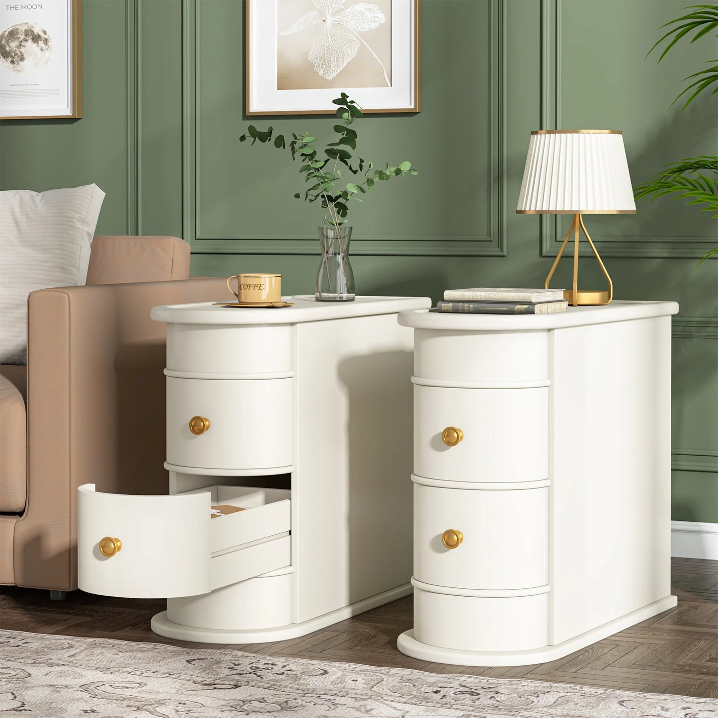 Tribesigns Round Solid Wood End Table With Two Sliding Drawers No Assembly Required Nightstand-A