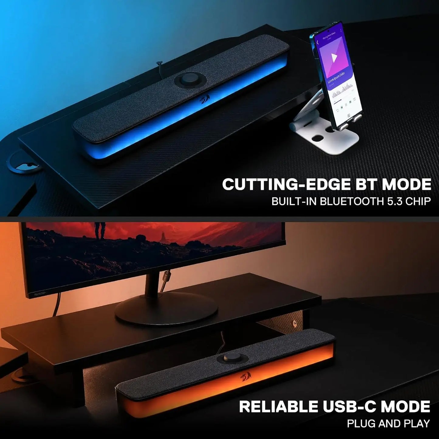 Redragon GS515 RGB Desktop Soundbar 2.0 Channel Computer Speakers Bluetooth 5.3 Wireless USB Connectivity-A