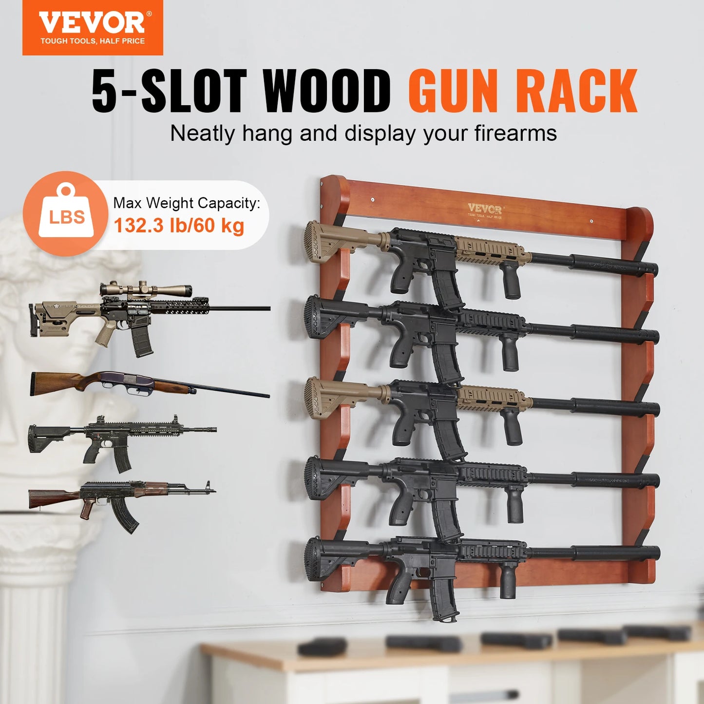 Holds Five Guns Wall Mount Rack Heavy Duty With Lockable Compartment For Secure Storage-A
