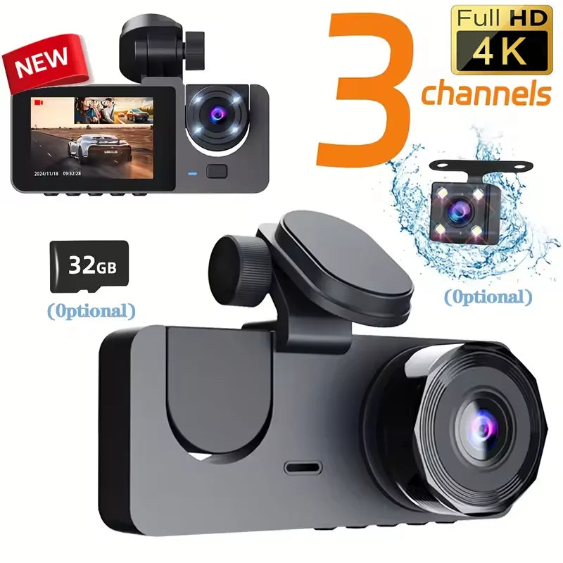 CZSKY 4K Dash Cam Car DVR Triple Channel Front Interior Rear Night Vision With Wide Angle Coverage And Loop Recording-A