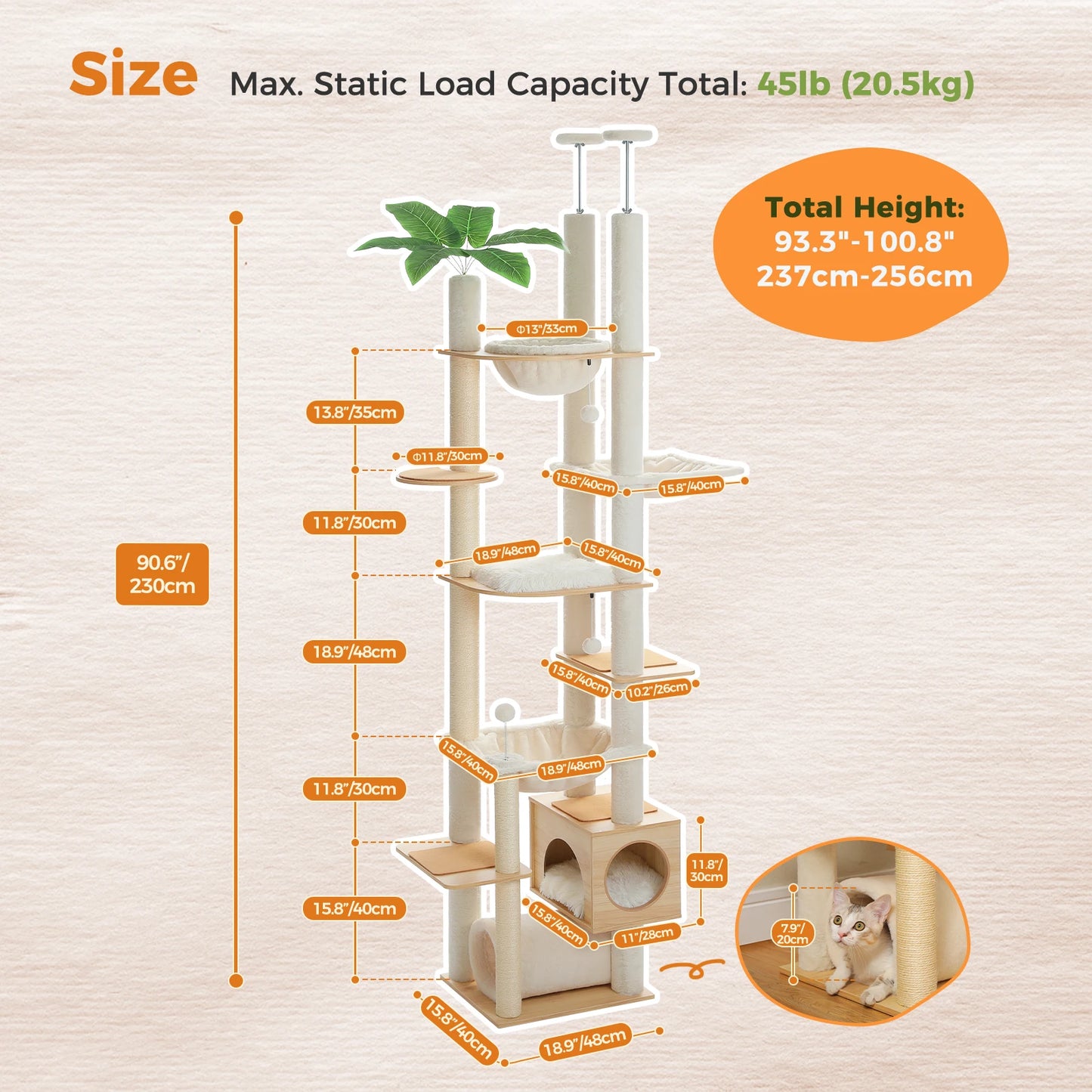 PAWZ Road Height Adjustable Wooden Cat Tree With Large Hammock For Indoor Cats And Multi Level Climbing-A