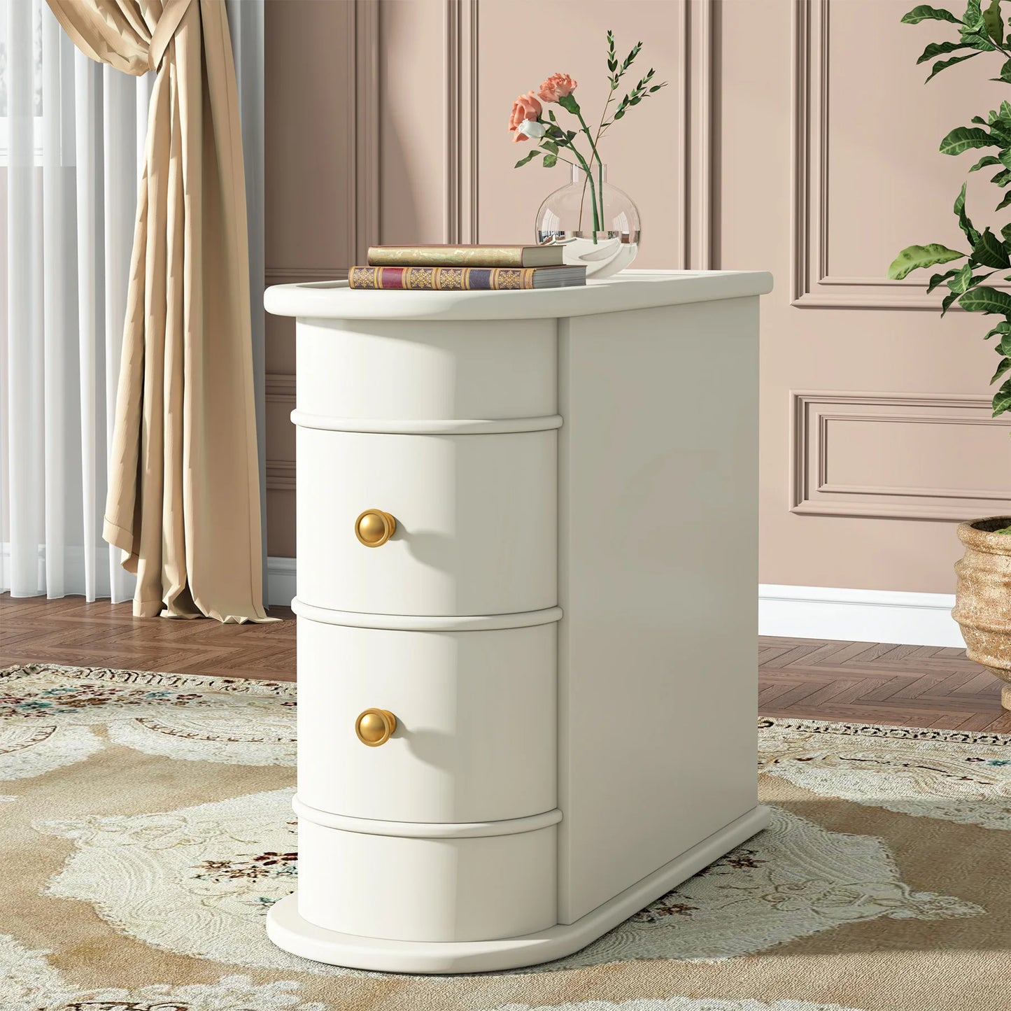 Tribesigns Round Solid Wood End Table With Two Sliding Drawers No Assembly Required Nightstand-A