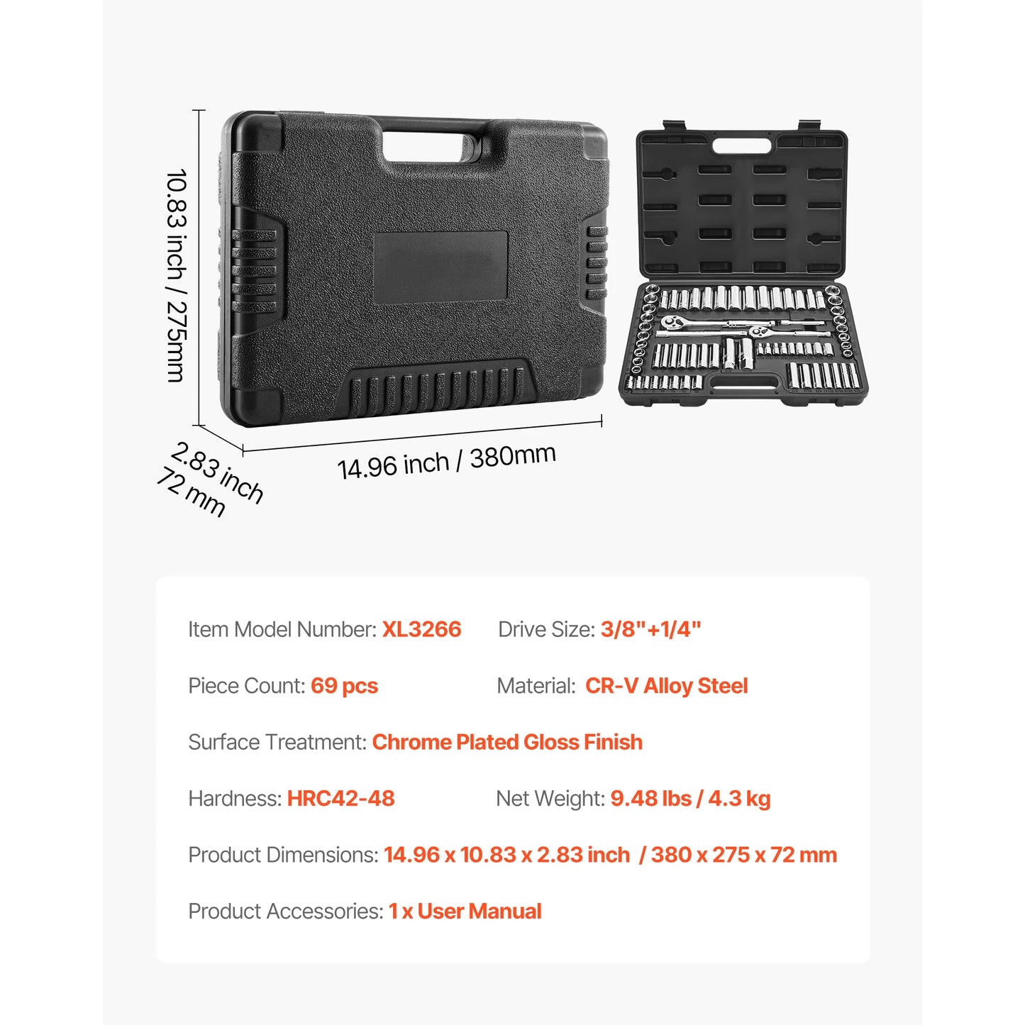 SucceBuy 86 Piece Socket Set SAE and Metric with Ratchet Wrench High Torque 6 Point CRV Alloy Steel-A