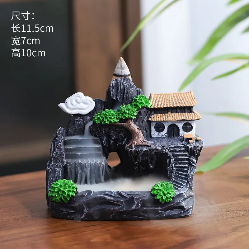 Backflow Incense Holder Resin High Mountain Waterfall Scene Zen Decor Aromatherapy Burner Art Gift-A
