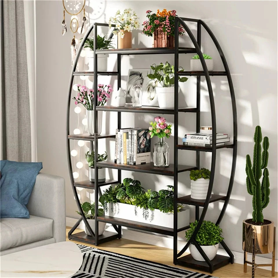 Wisfor Oval Bookshelf Plant Stand 5 Tier Etagere Half Moon Shaped Industrial Display Shelves For Living Room-A