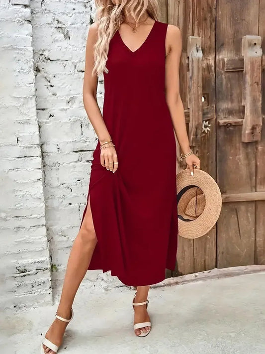 Women Sleeveless Camisole Dress Summer Maxi Wrap With Slit Sundress