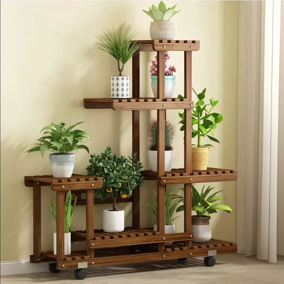 Wisfor 5 Tier Wooden Plant Stand On Wheels for Indoor and Outdoor Use Mobile Garden Display-A