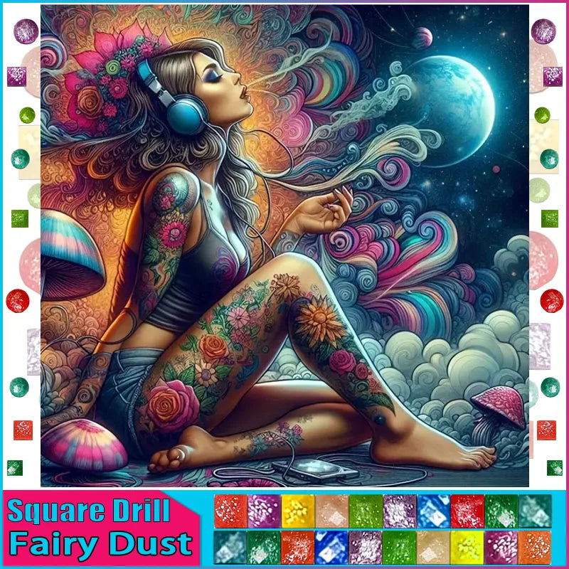 DiaPai Fairy Dust AB Diamond Painting Pattern Kit Woman Tattoo A Iridescent Wall Decor Portrait-A