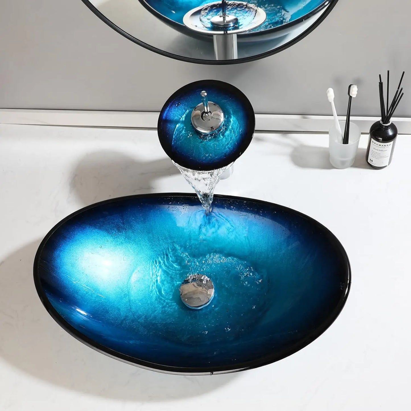 Blue Hand Painted Tempered Glass Oval Vessel Sink With Chrome Waterfall Faucet 21.6 Inch Long 14 Inch Wide-A