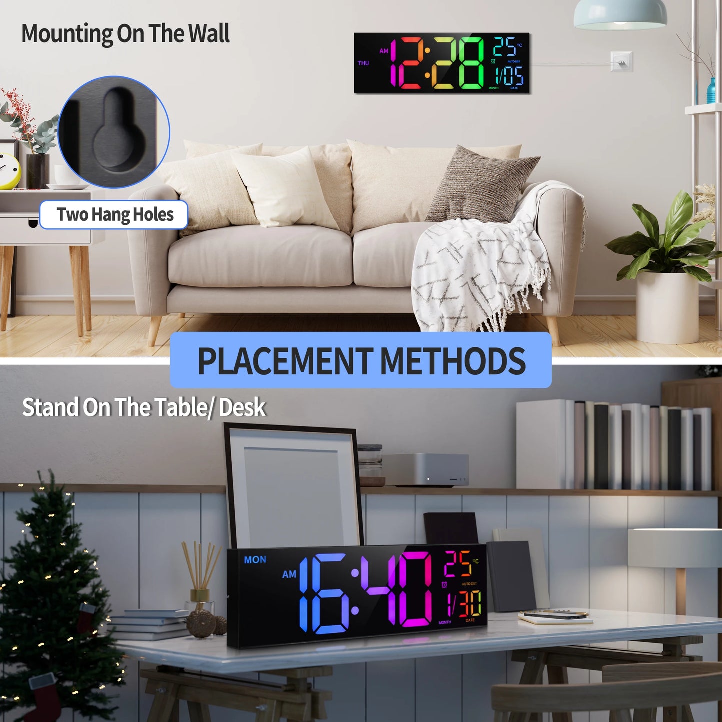 Digital Wall Clock With Large LED Display And Remote 16 Inch 9 Color Modes Night Light For Living Room-A