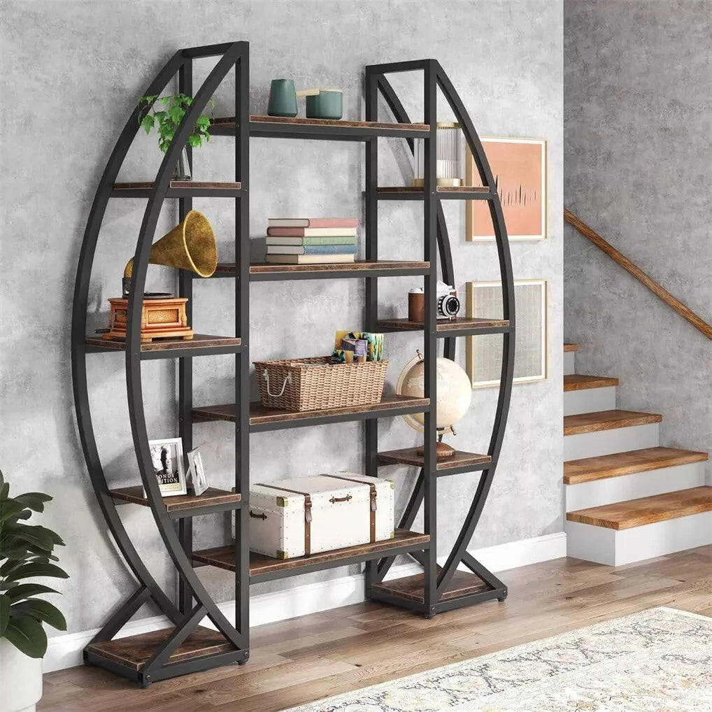 Wisfor Oval Bookshelf Plant Stand 5 Tier Etagere Half Moon Shaped Industrial Display Shelves For Living Room-A
