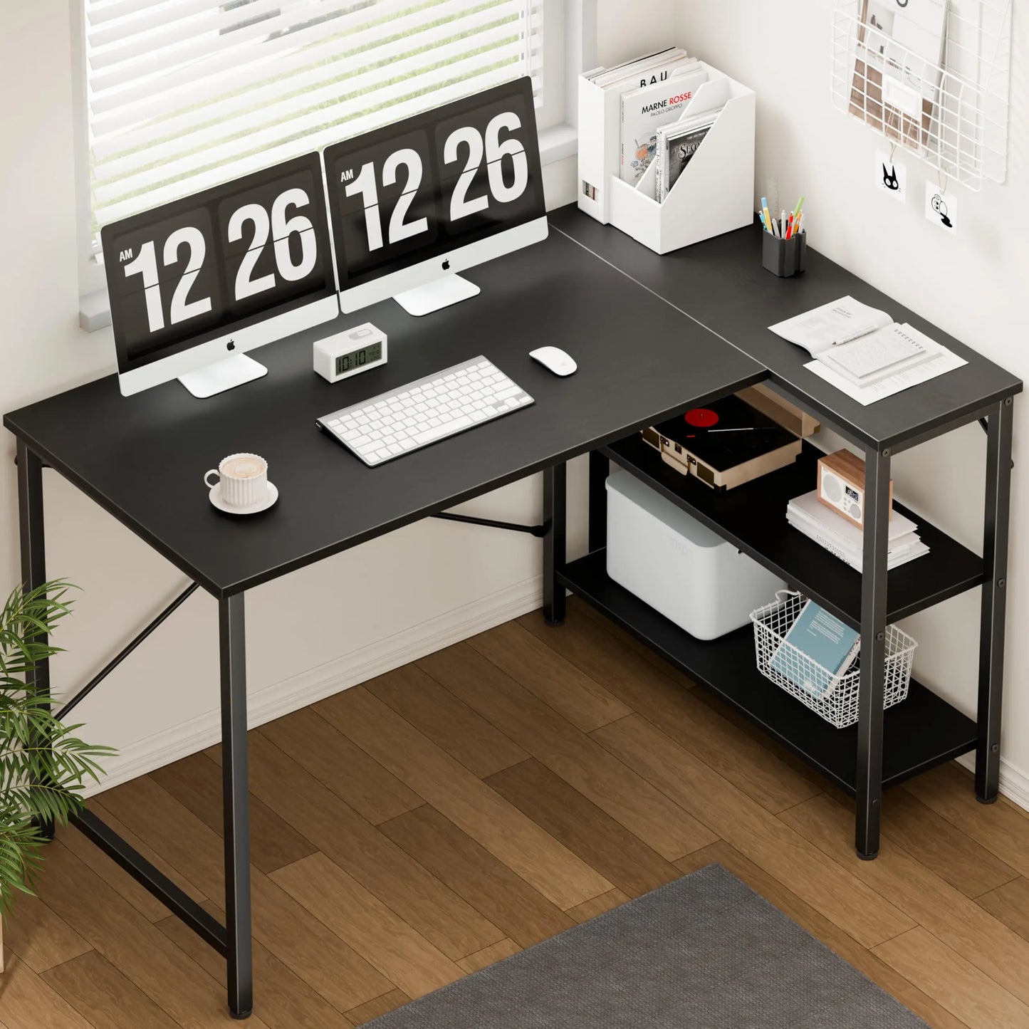 JHK L Shaped Desk With Reversible 2 Tier Storage Shelves For Corner Computer Workstation-A