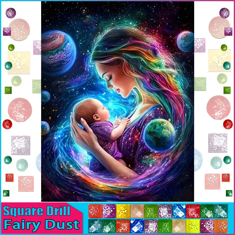 DiaPai Fairy Dust AB Diamond Painting Mother And Child 5D Art Full Drill With Resin Diamonds 30 To 45 Colors-A