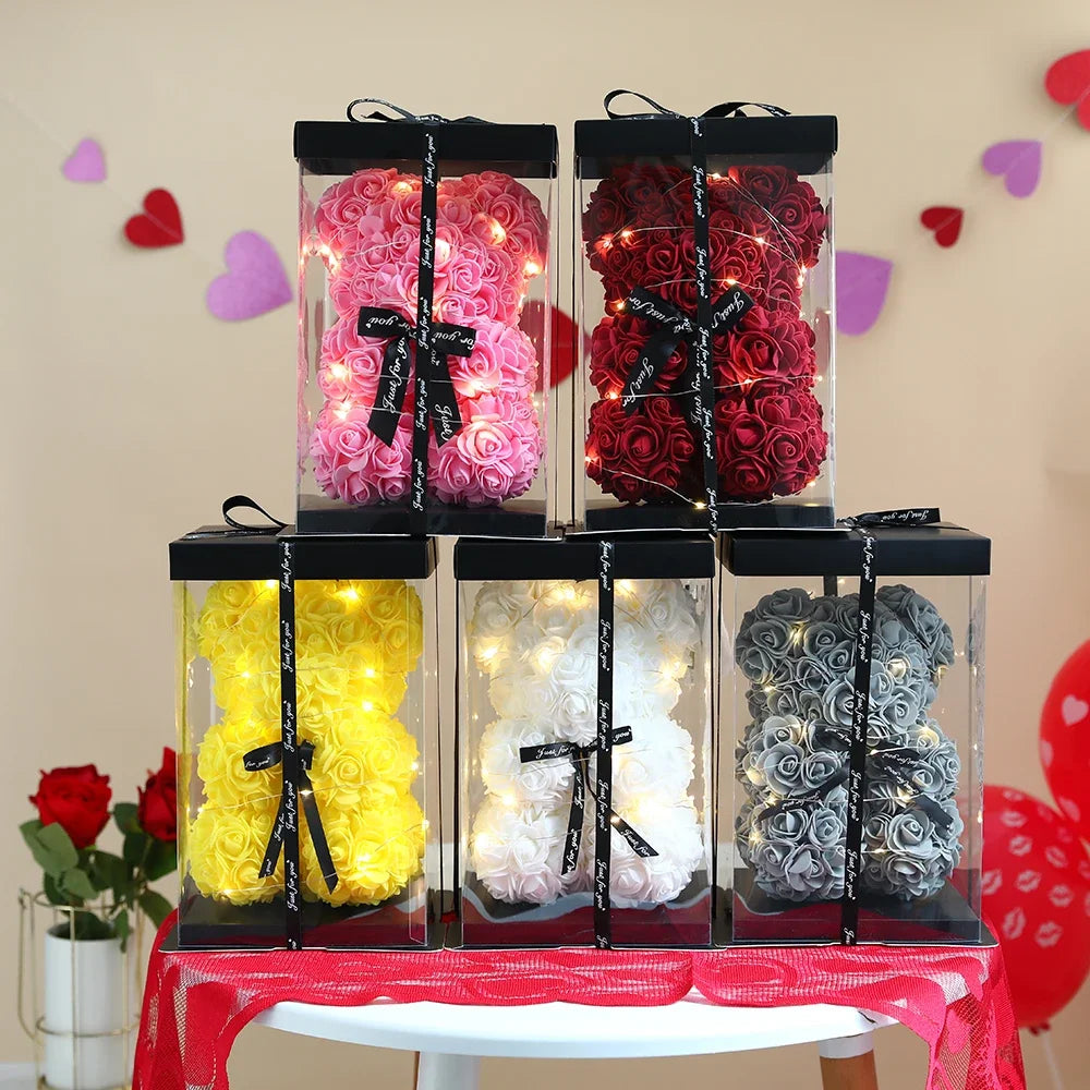 Artificial Teddy Rose Flower Bear With Box Eternal Rose Valentines Day Gift For Girlfriend-A