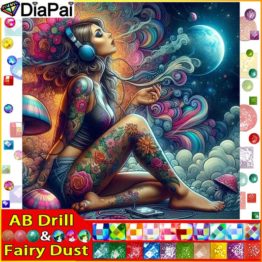 DiaPai Fairy Dust AB Diamond Painting Pattern Kit Woman Tattoo A Iridescent Wall Decor Portrait-A