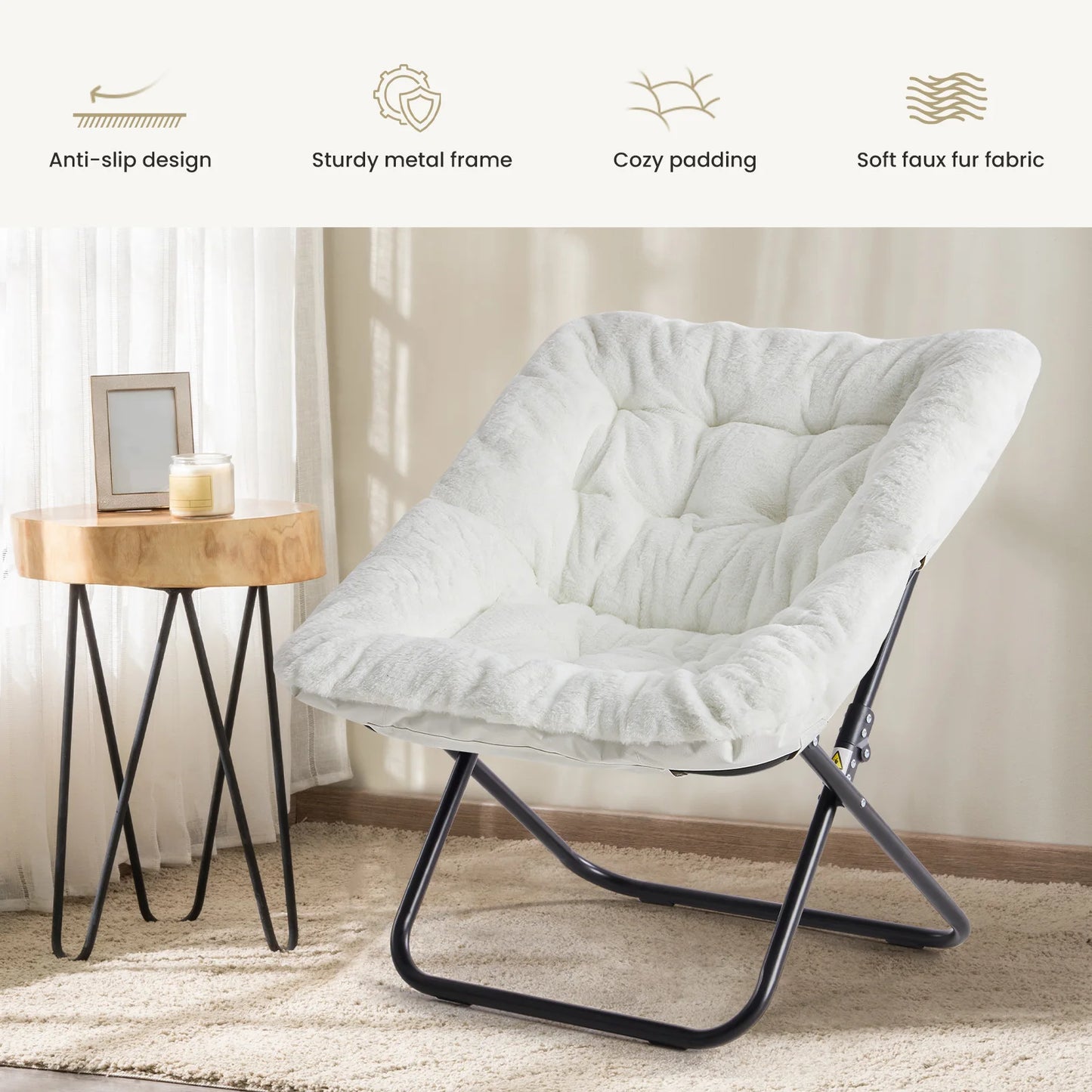JHK Cozy Saucer Chair With Soft Faux Fur Padded Seat For Lounging Reading And Television Gaming-A