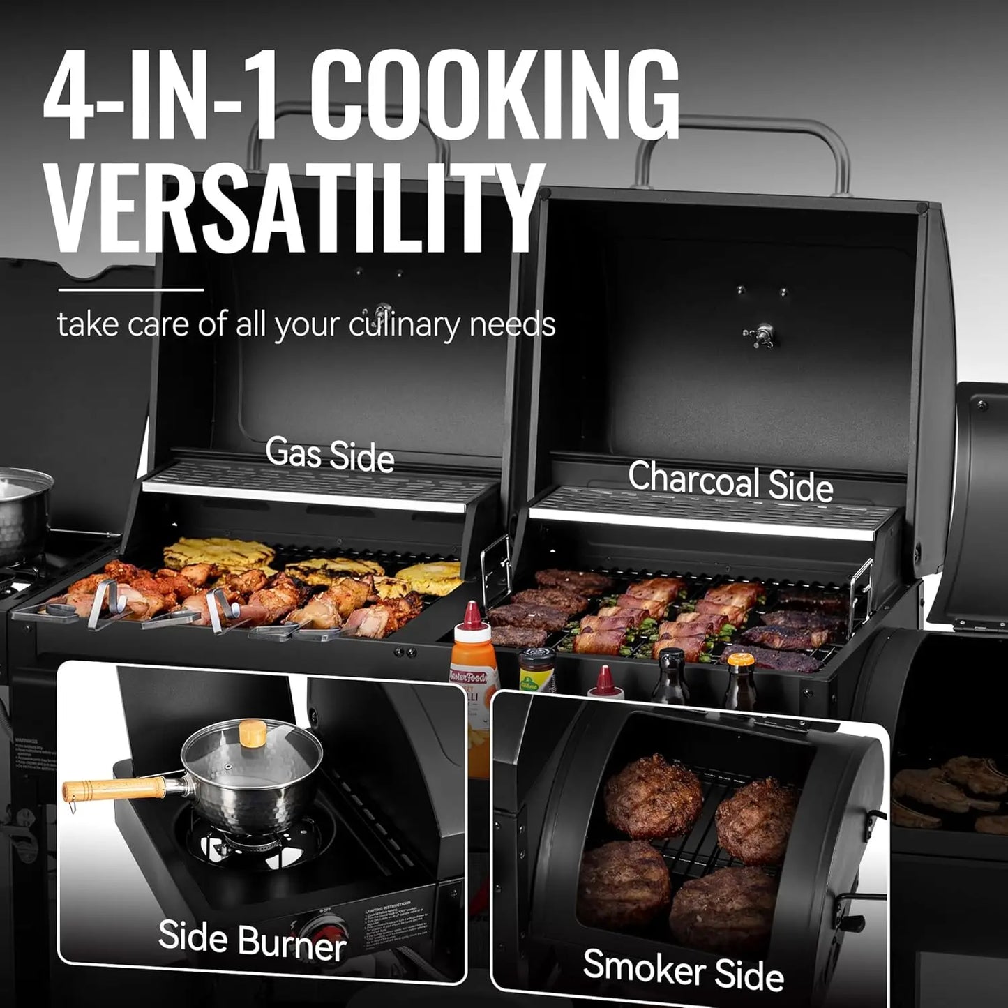 ZH3005Y SC Dual Fuel Grill Charcoal And Gas With Offset Smoker And Side Burner System-A